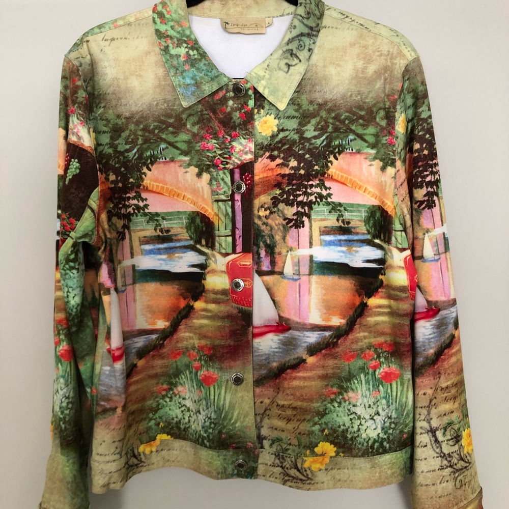 Women’s Artistic Multicolor Jean Jacket Size L
